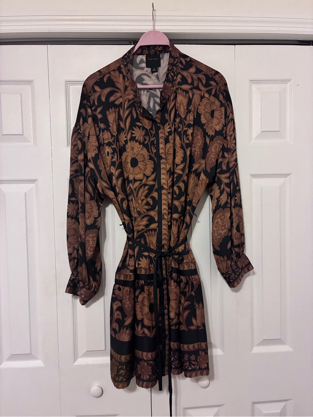 Alex Marie Black and Brown Floral Tie-Waist Shirt Dress